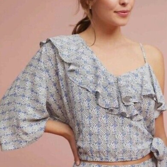 Maeve Anthropology Blue Pineapple Ruffled Flutter Sleeve Blouse - Picture 1 of 8